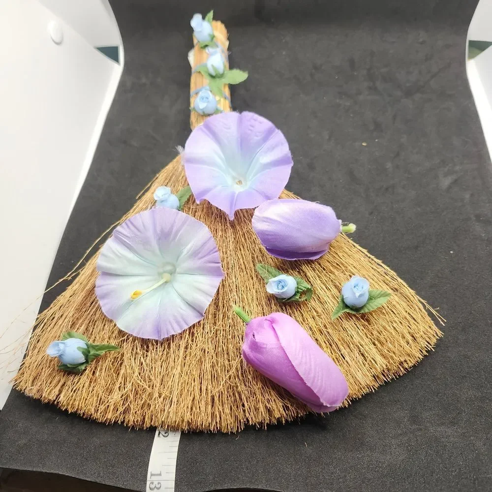 Hand Crafted Decorative Spring Broom  Purple Tulips Blue Morning GloryFlowers